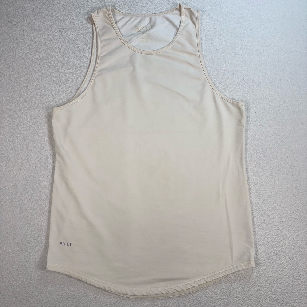 BYLT Lux Drop Cut Tank Top Men's L‎ Off-White Cream Stretch Gym Training Workout